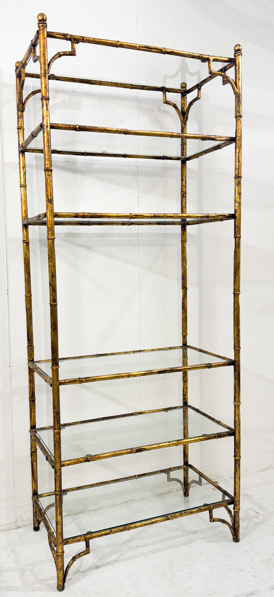 6-tier shelf in steel and gold metal imitation bamboo, glass shelves, in the style of Maison Baguès, mid-modern-century, France