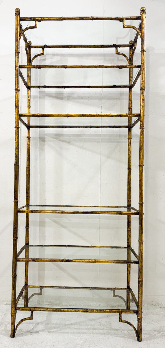 6-tier shelf in steel and gold metal imitation bamboo, glass shelves, in the style of Maison Baguès, mid-modern-century, France