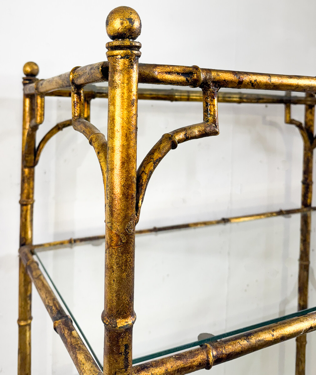 6-tier shelf in steel and gold metal imitation bamboo, glass shelves, in the style of Maison Baguès, mid-modern-century, France