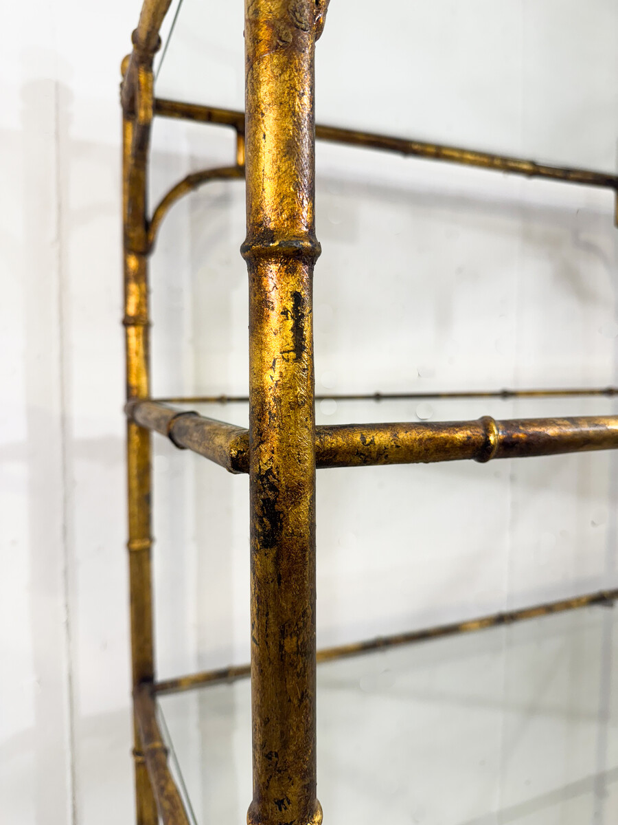 6-tier shelf in steel and gold metal imitation bamboo, glass shelves, in the style of Maison Baguès, mid-modern-century, France