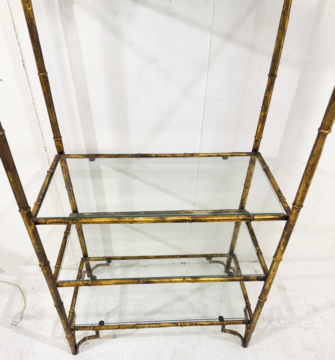 6-tier shelf in steel and gold metal imitation bamboo, glass shelves, in the style of Maison Baguès, mid-modern-century, France