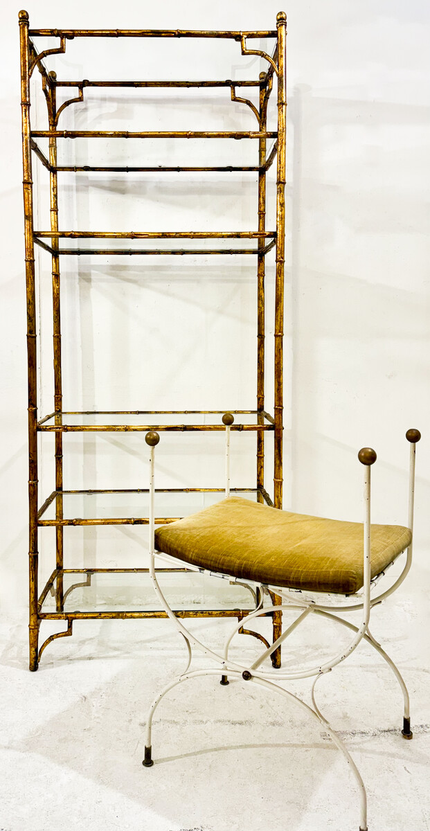 6-tier shelf in steel and gold metal imitation bamboo, glass shelves, in the style of Maison Baguès, mid-modern-century, France