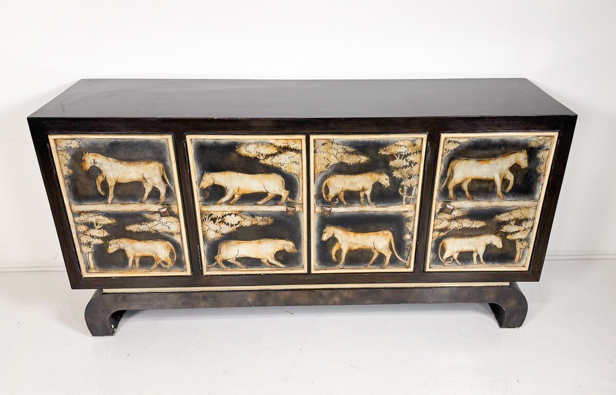 Art Deco Sideboard, Lacquered Figures, Lam Lee Group, 1990s