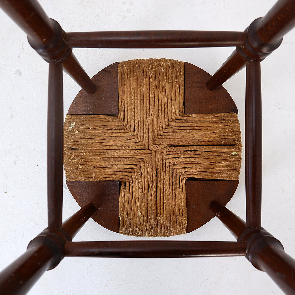 Brutalist wood and Rice straw Stool - 1970s