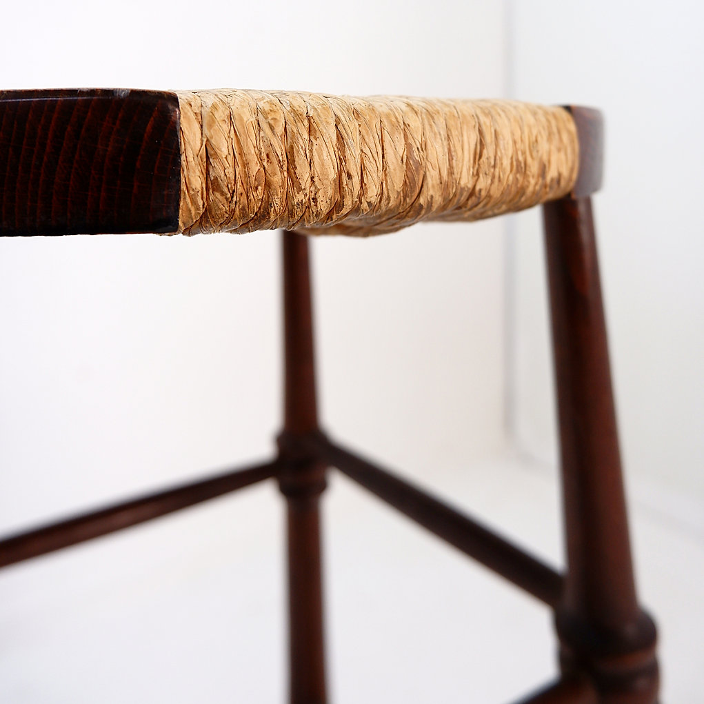 Brutalist wood and Rice straw Stool - 1970s