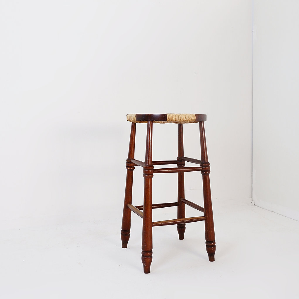 Brutalist wood and Rice straw Stool - 1970s