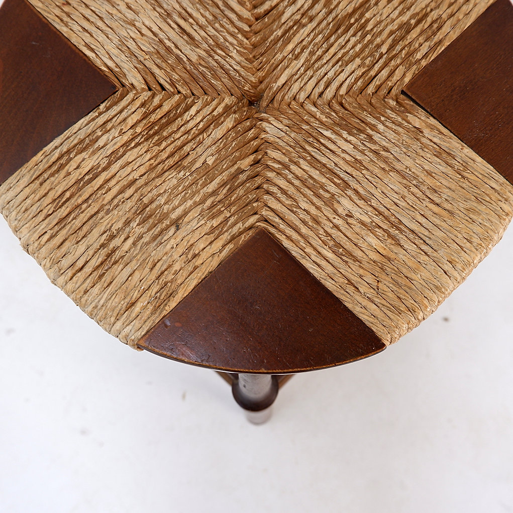 Brutalist wood and Rice straw Stool - 1970s