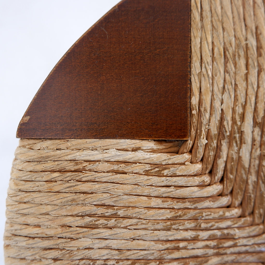 Brutalist wood and Rice straw Stool - 1970s