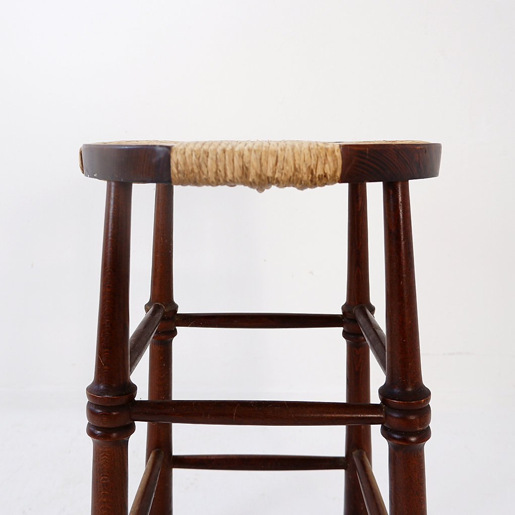 Brutalist wood and Rice straw Stool - 1970s