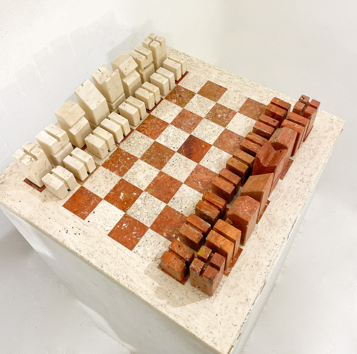 Chess Game in Two Colored Travertine, Angelo Mangiarotti, Italy, 1970s