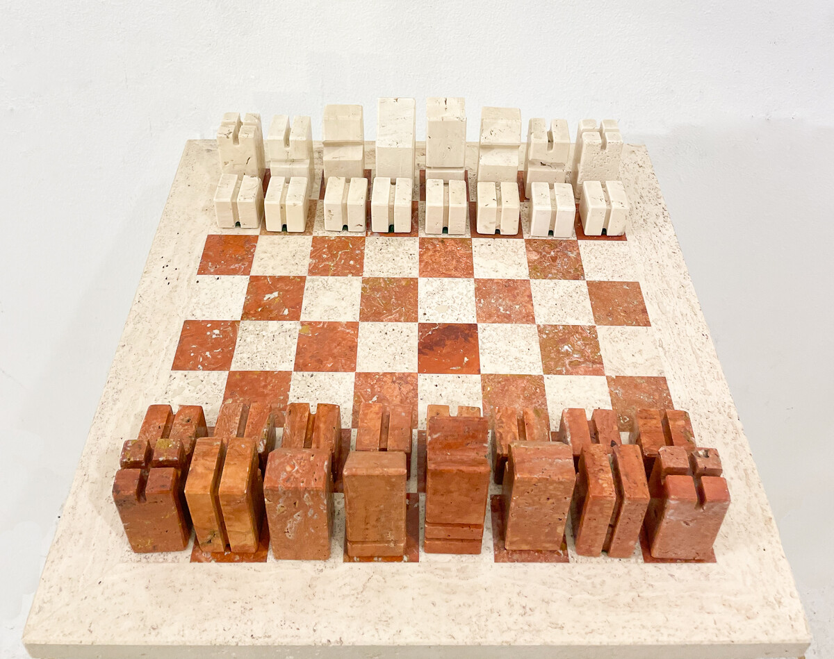 Chess Game in Two Colored Travertine, Angelo Mangiarotti, Italy, 1970s