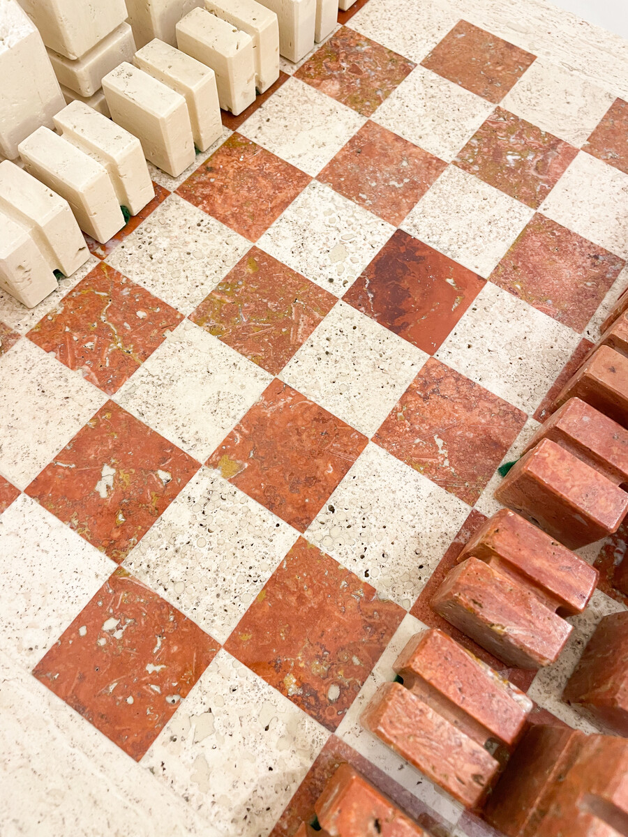 Chess Game in Two Colored Travertine, Angelo Mangiarotti, Italy, 1970s