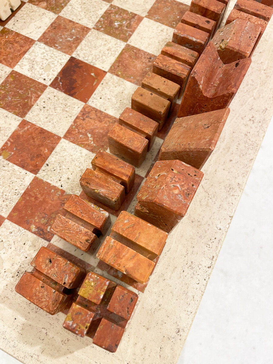 Chess Game in Two Colored Travertine, Angelo Mangiarotti, Italy, 1970s