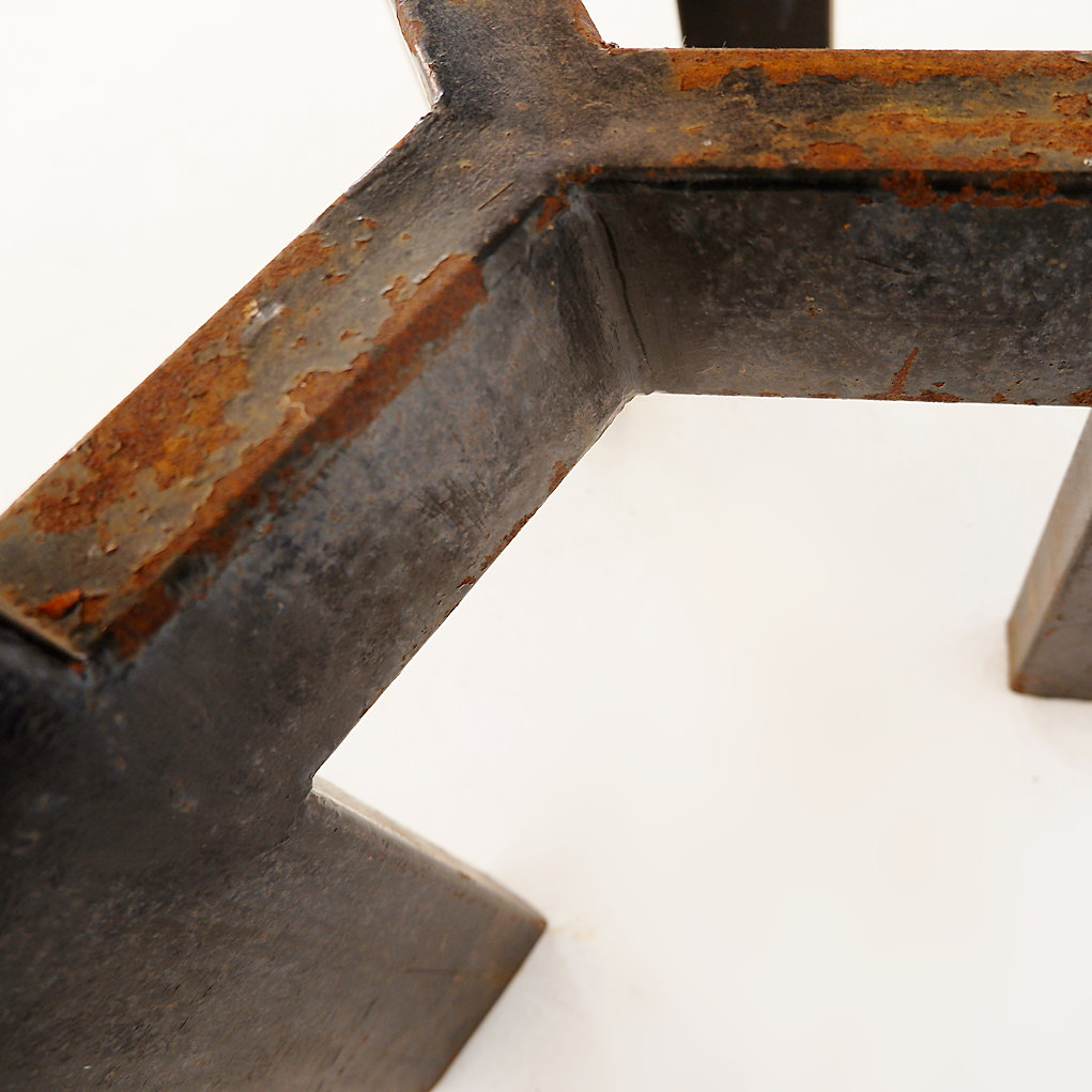 Console table with malachite top on double tripod base in black metal