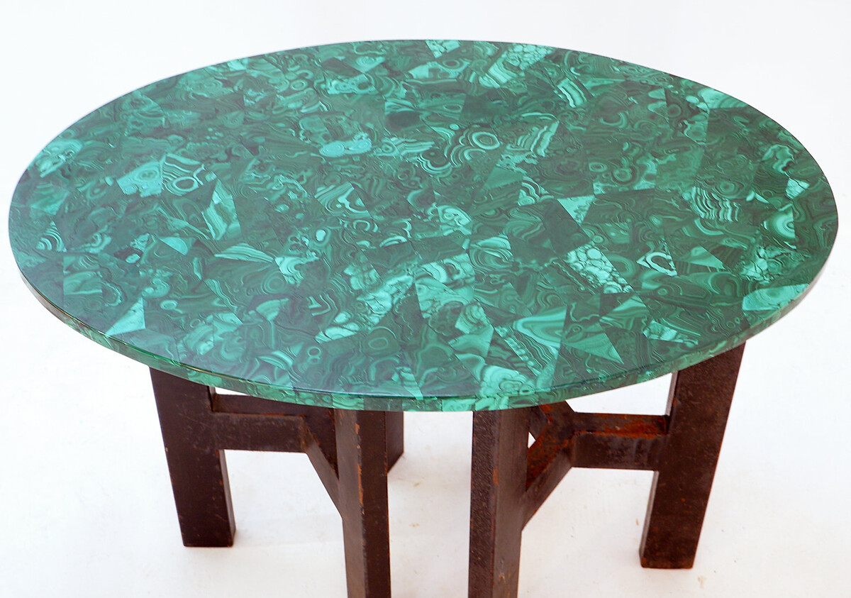 Console table with malachite top on double tripod base in black metal