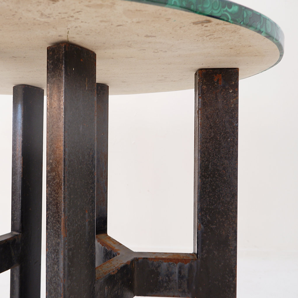 Console table with malachite top on double tripod base in black metal