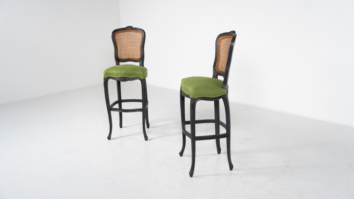 Contemporary Pair of  Bar Stools Louis XV Style, Green Fabric, Belgium