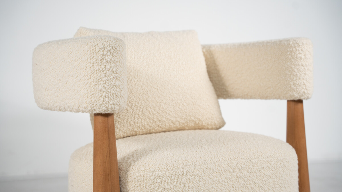 Contemporary Pair of Italian Armchairs, Wood and White Boucle Fabric