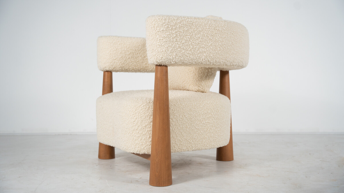 Contemporary Pair of Italian Armchairs, Wood and White Boucle Fabric