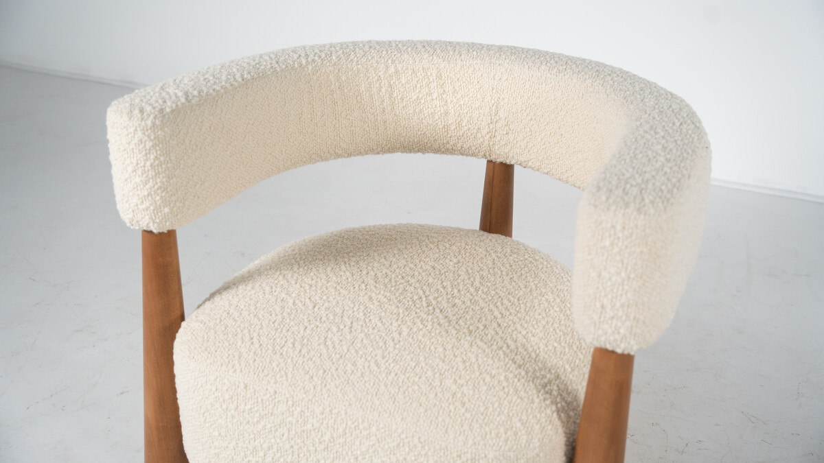 Contemporary Pair of Italian Armchairs, Wood and White Boucle Fabric