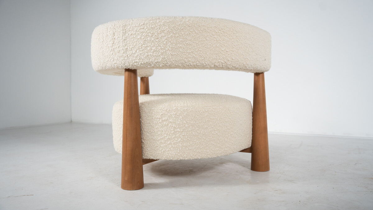 Contemporary Pair of Italian Armchairs, Wood and White Boucle Fabric