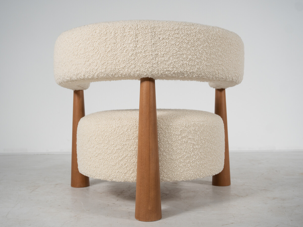 Contemporary Pair of Italian Armchairs, Wood and White Boucle Fabric