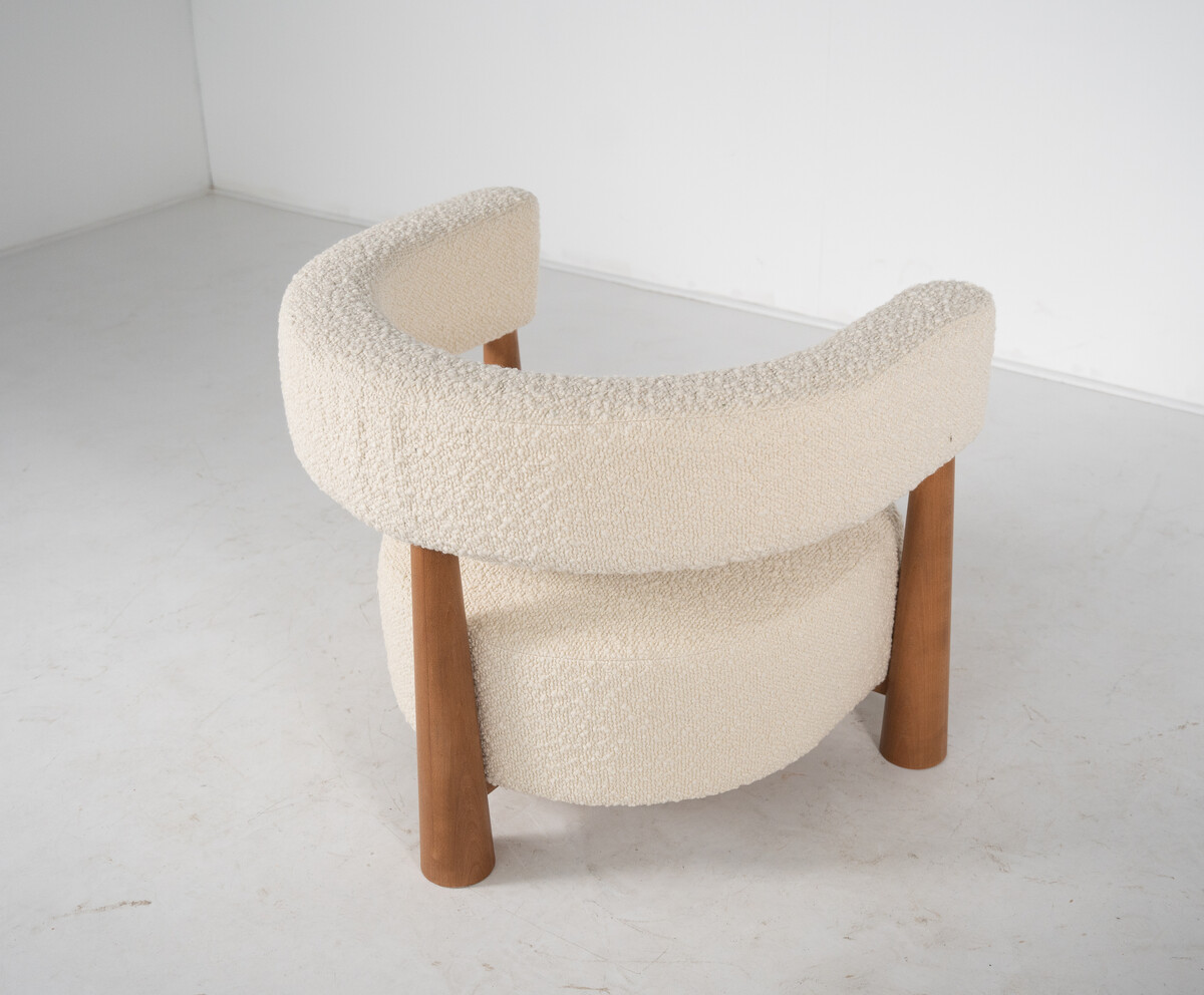 Contemporary Pair of Italian Armchairs, Wood and White Boucle Fabric