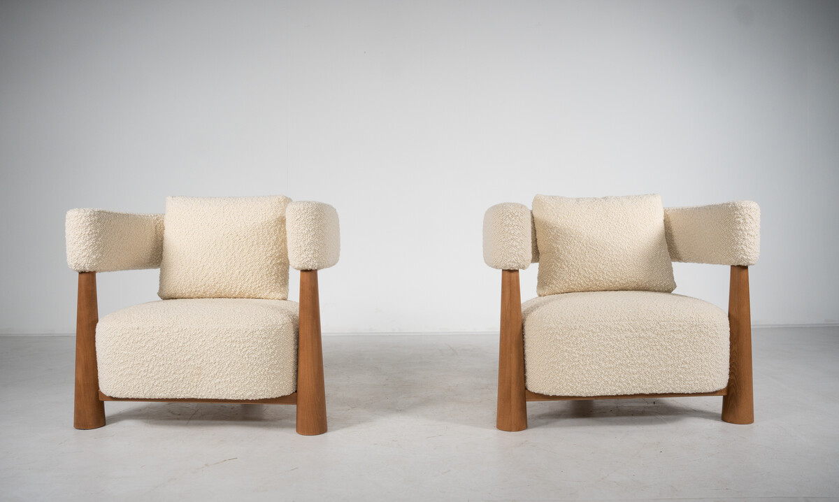 Contemporary Pair of Italian Armchairs, Wood and White Boucle Fabric