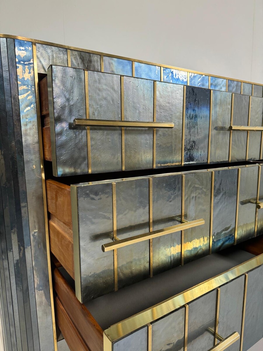 Custom Italian Chest of Drawers, Glass, Brass and Wood, 1950s