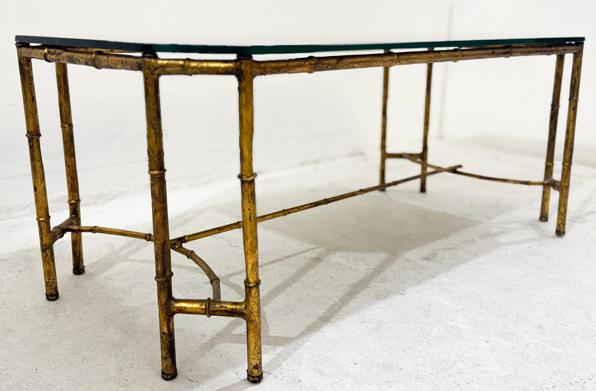 Gold Metal Faux Bamboo Coffee Table with Spacer, Mid Century Modern, in the style of Maison Baguès, France