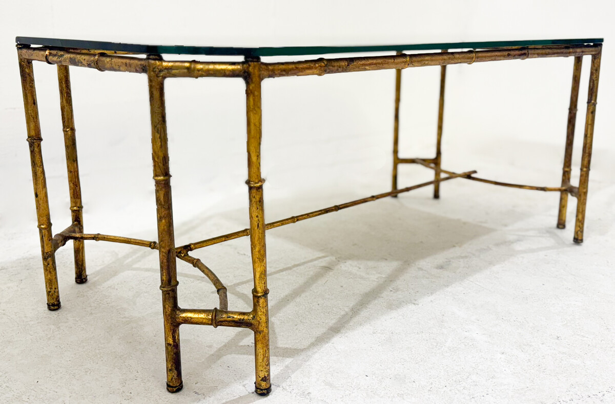 Gold Metal Faux Bamboo Coffee Table with Spacer, Mid Century Modern, in the style of Maison Baguès, France