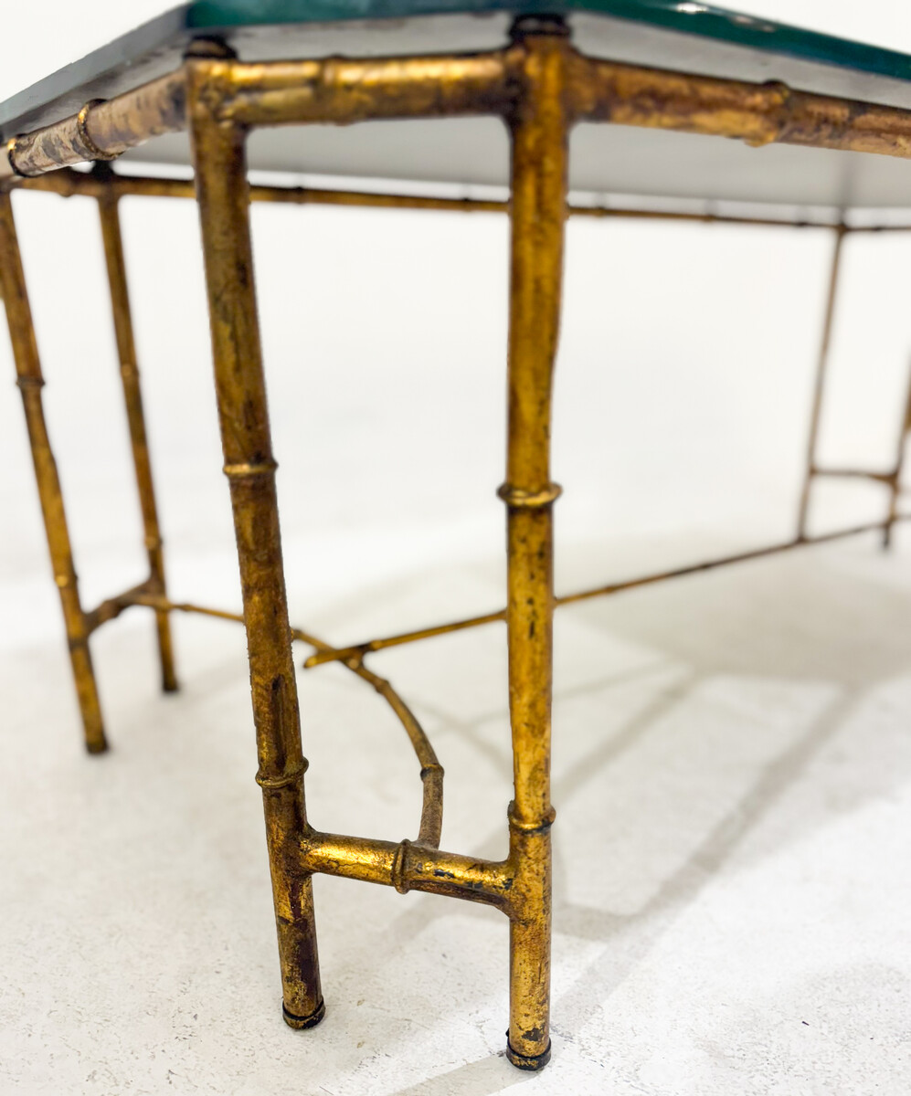 Gold Metal Faux Bamboo Coffee Table with Spacer, Mid Century Modern, in the style of Maison Baguès, France