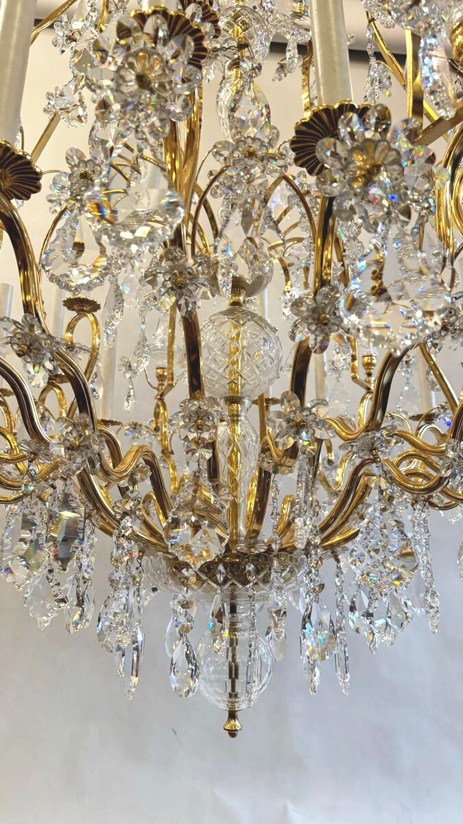 Large Chandelier In Gilded Bronze And Palwa Crystal - 24 Lights - Circa 1980