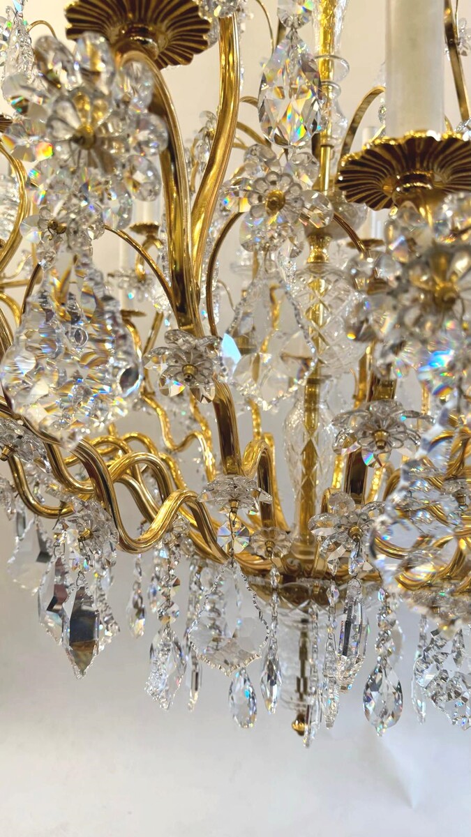 Large Chandelier In Gilded Bronze And Palwa Crystal - 24 Lights - Circa 1980