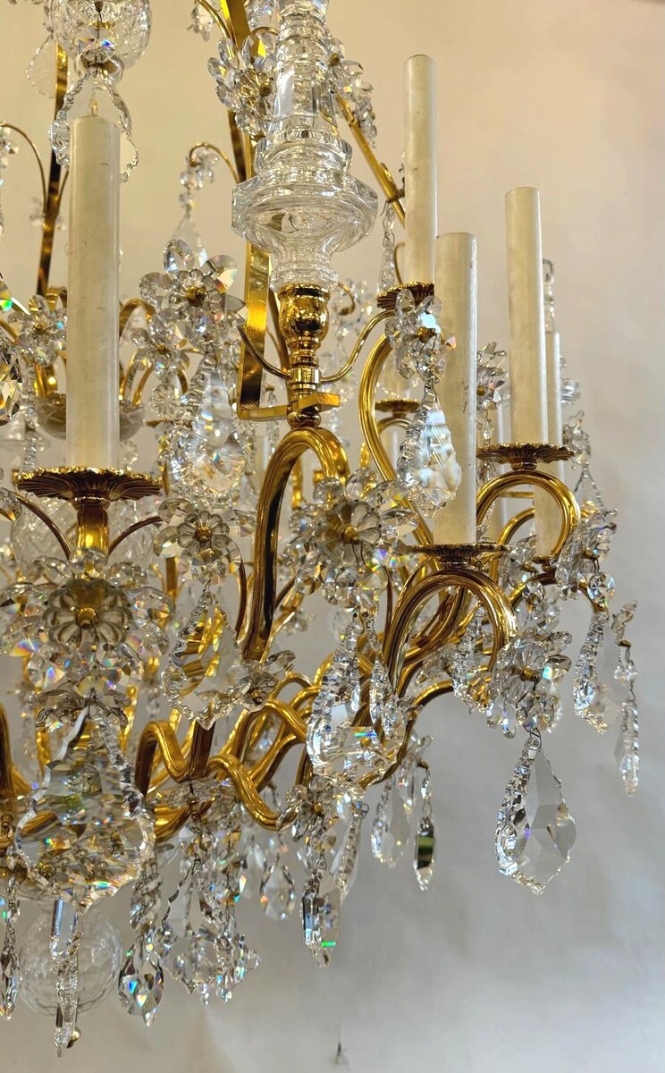 Large Chandelier In Gilded Bronze And Palwa Crystal - 24 Lights - Circa 1980