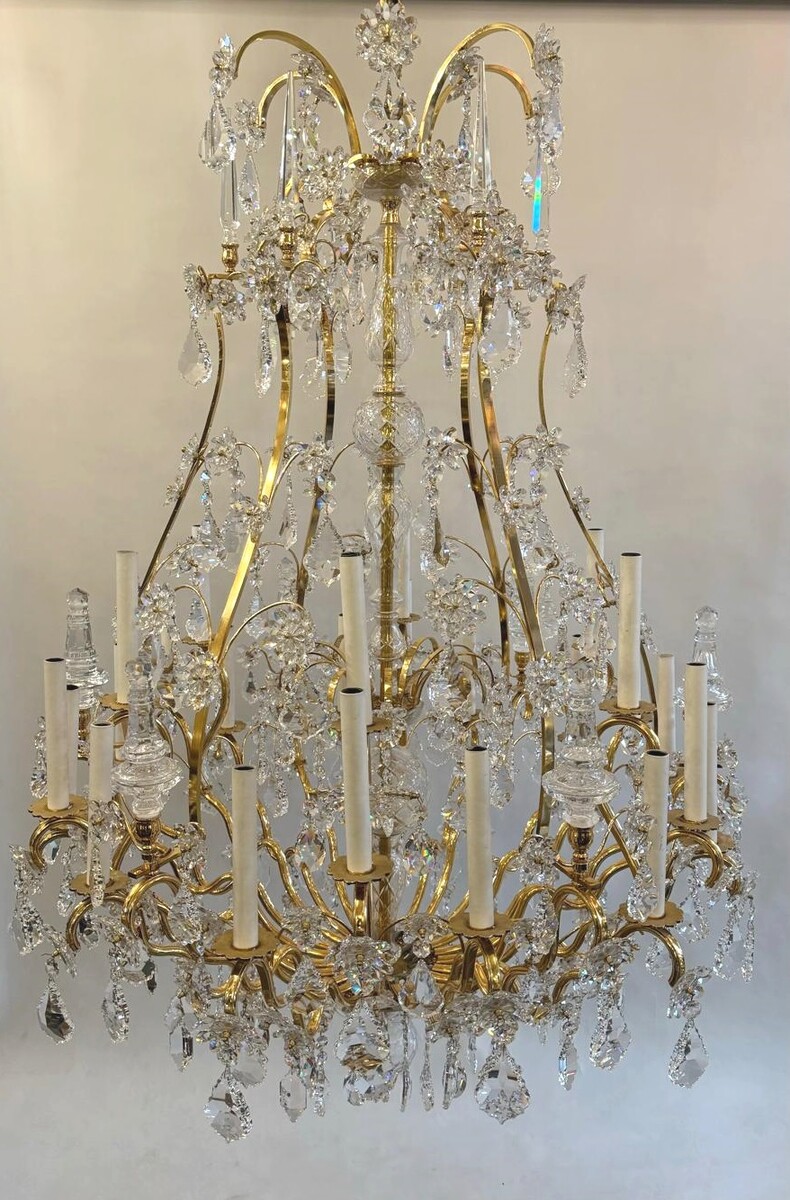 Large Chandelier In Gilded Bronze And Palwa Crystal - 24 Lights - Circa 1980