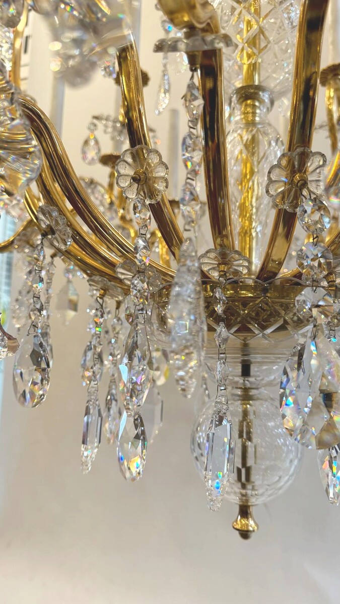 Large Chandelier In Gilded Bronze And Palwa Crystal - 24 Lights - Circa 1980