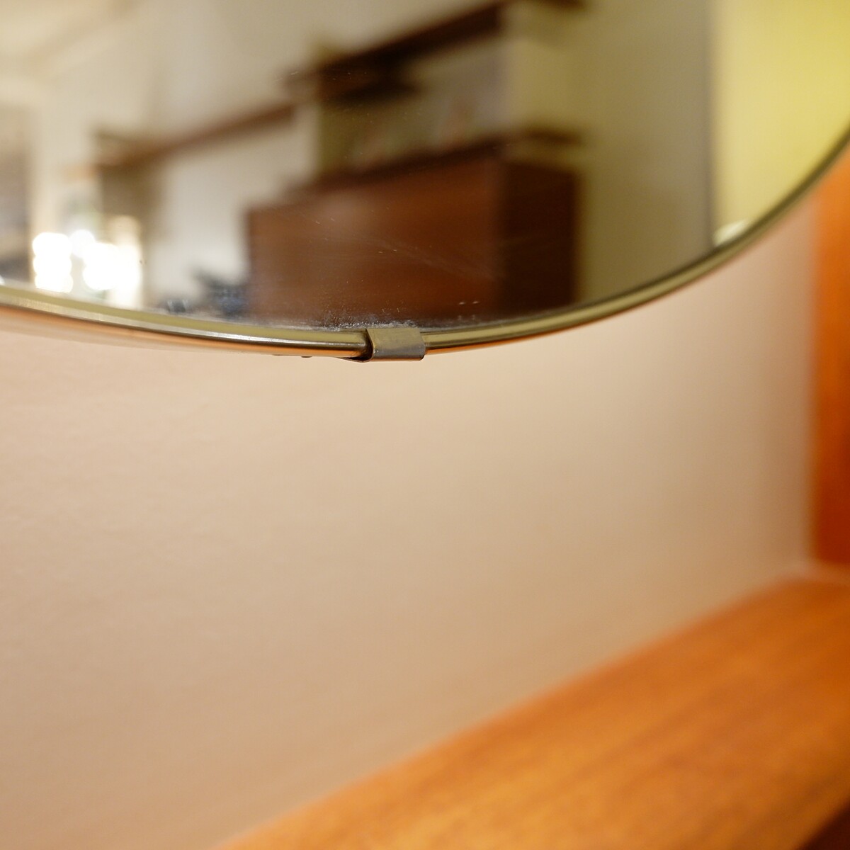 large illuminated round mirror with teak frame 