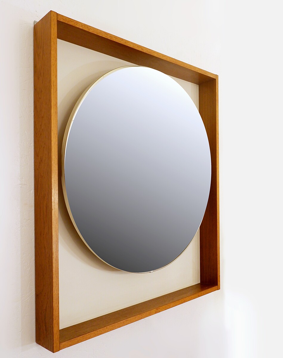 large illuminated round mirror with teak frame 