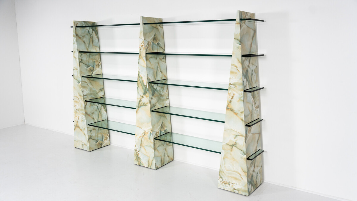 Mid century library or shelf in stone and glass, 1970's