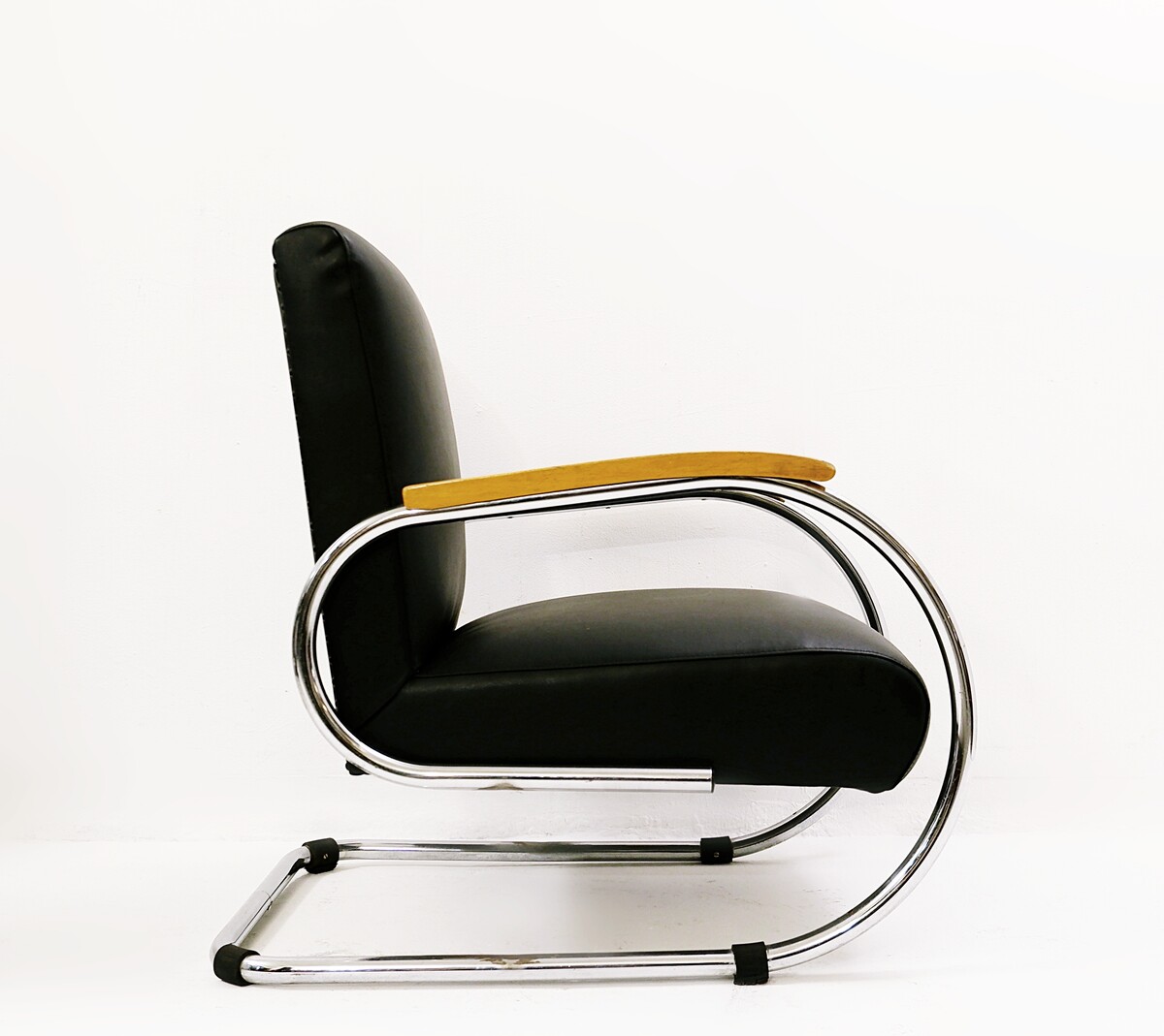 Mid Century Modern Armchair by Tubax - Belgium 1950s - New upholstery in black leatherette