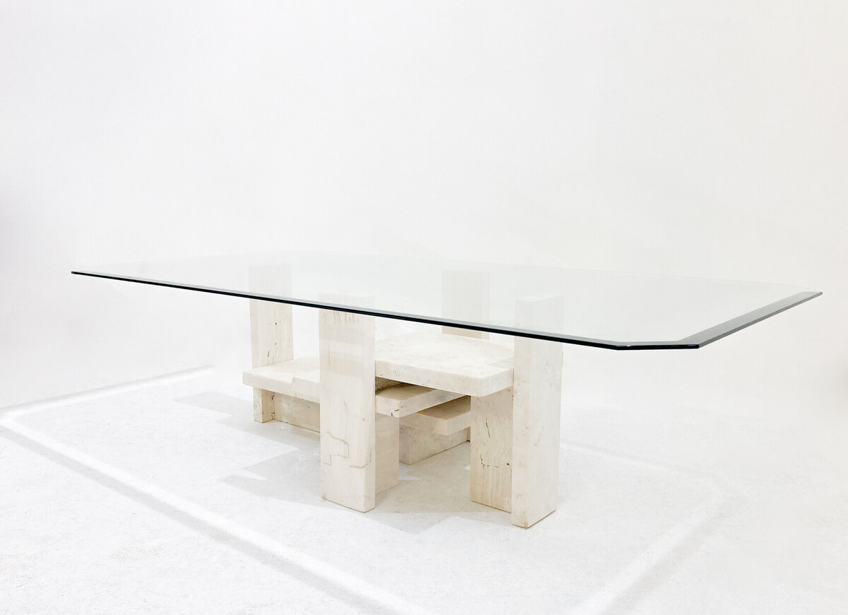 Mid-Century Modern Glass and Travertine Coffee Table, Willy Ballez, 1970s