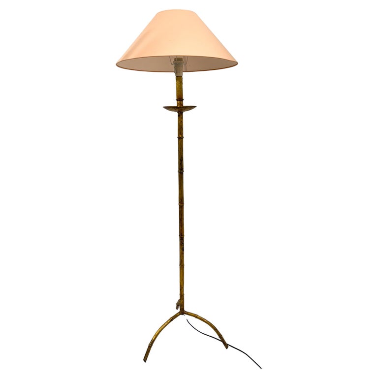 Mid-Century Modern Gold Metal Faux Bamboo Floor Lamp, in the style of Maison Baguès, France