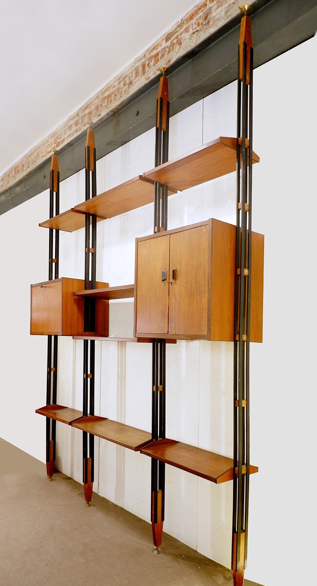 Mid Century Modern Italian Floor to Ceiling teak Wall Unit - 1960s