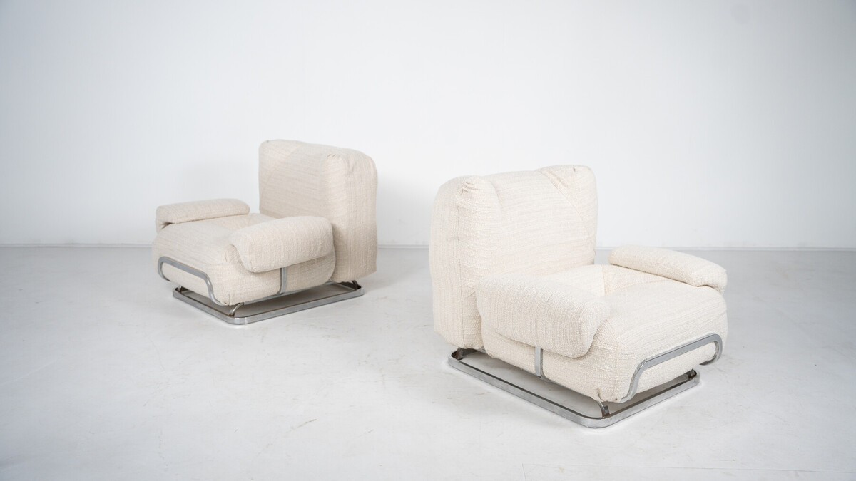 Mid-Century Modern Pair of Armchairs, Chrome and boucle Fabric, New Upholstery