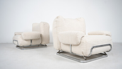 Mid-Century Modern Pair of Armchairs, Chrome and boucle Fabric, New Upholstery