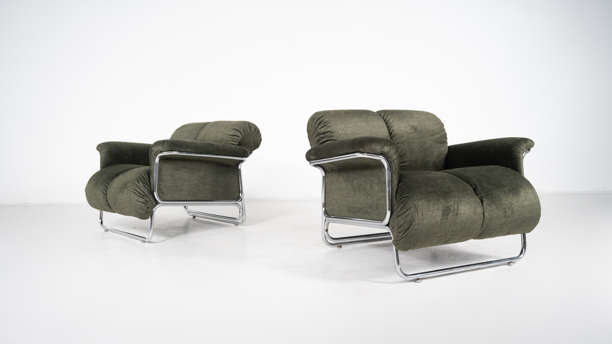 Mid-Century Modern Pair of Armchairs, Chrome and Green Fabric, 1970s