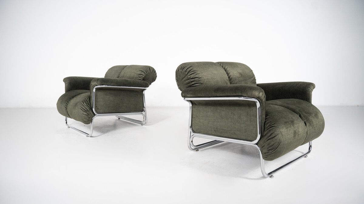 Mid-Century Modern Pair of Armchairs, Chrome and Green Fabric, 1970s