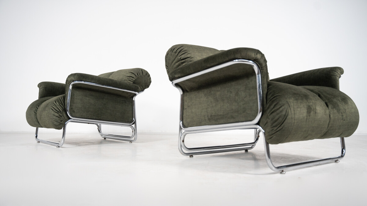 Mid-Century Modern Pair of Armchairs, Chrome and Green Fabric, 1970s