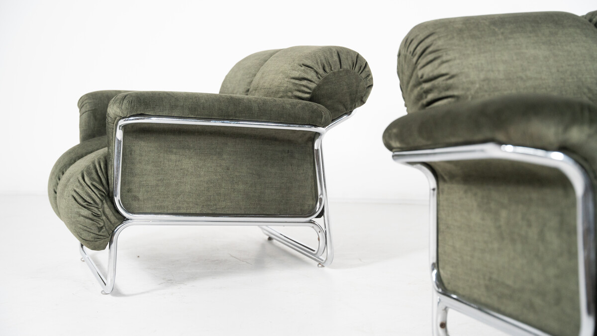 Mid-Century Modern Pair of Armchairs, Chrome and Green Fabric, 1970s